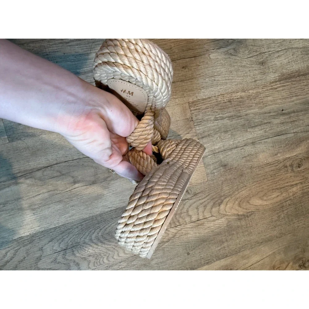 HM Women Beige Braided Rope Platform Sandals Knotted Slide Espadrille 1057840 6